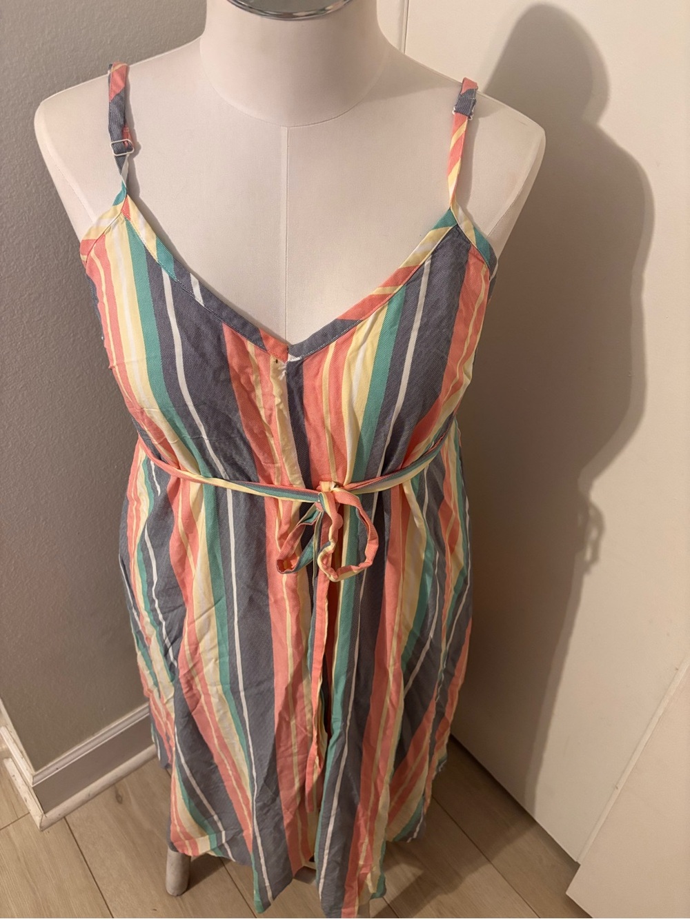 torrid Striped Tie-Waist One-Piece in Coral, Teal, Yellow and Gray